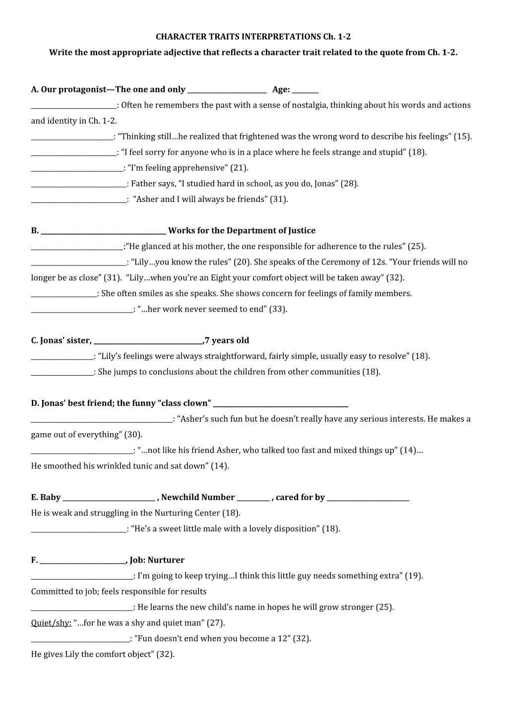 CHARACTER TRAITS INTERPRETATIONS Ch. 1-2