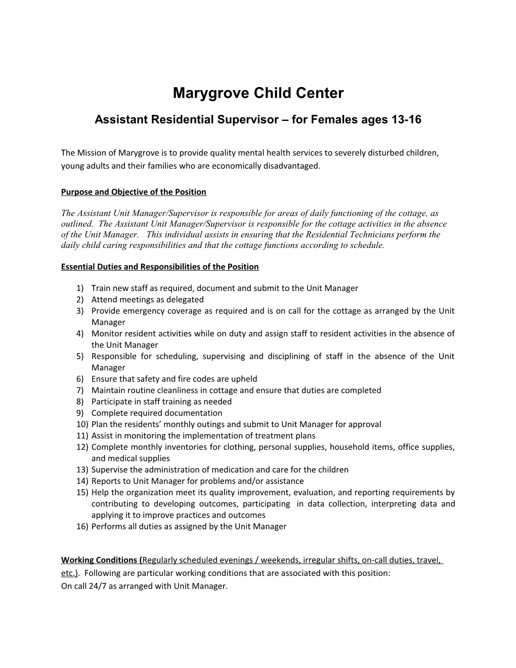 Assistant Residential Supervisor for Females Ages 13-16