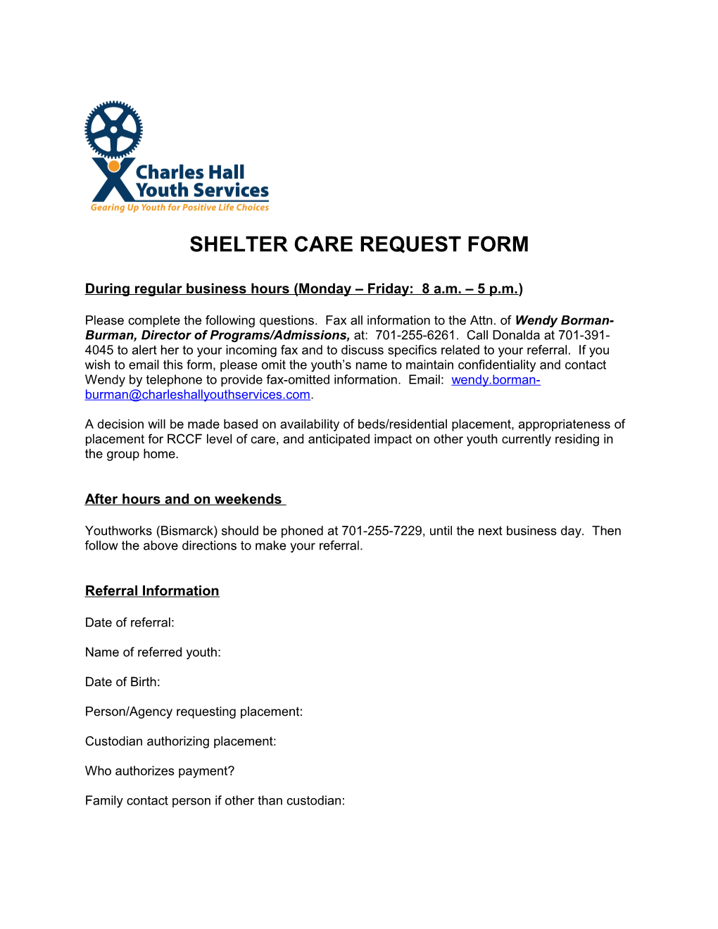 Shelter Care Request Form (Ver 12-21-09))