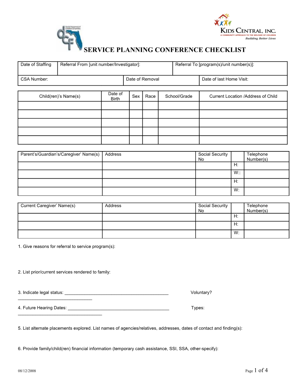 Service Planning Conference Checklist