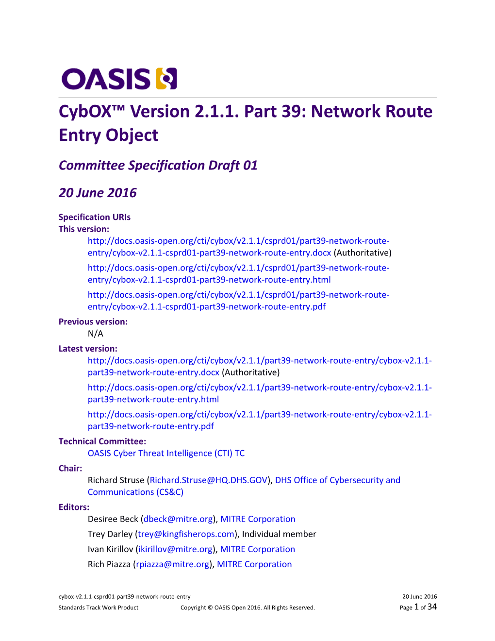 Cybox Version 2.1.1. Part 39: Network Route Entry Object