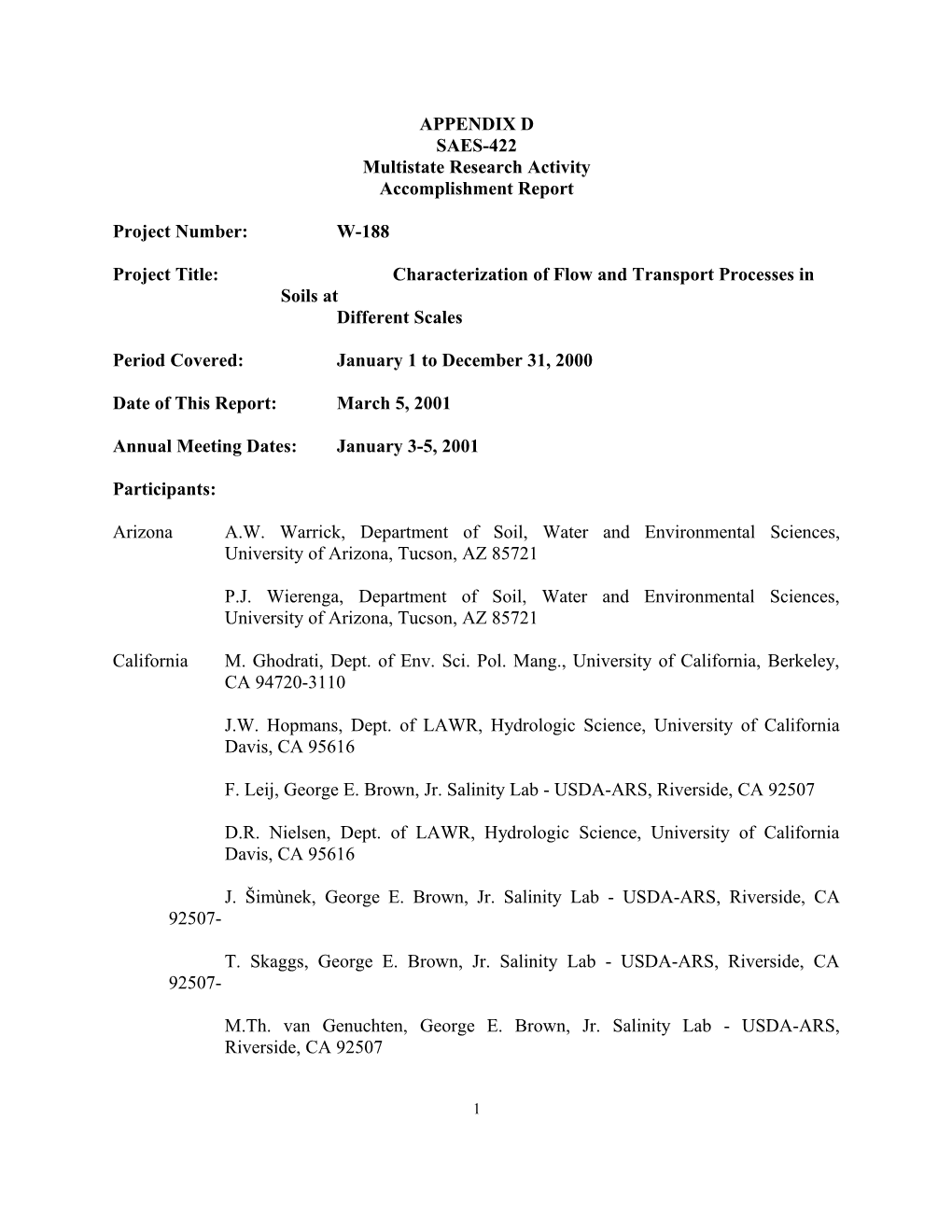 ANNUAL REPORT OF REGIONAL RESEARCH PROJECT W-188January 1 To December 31, 2000