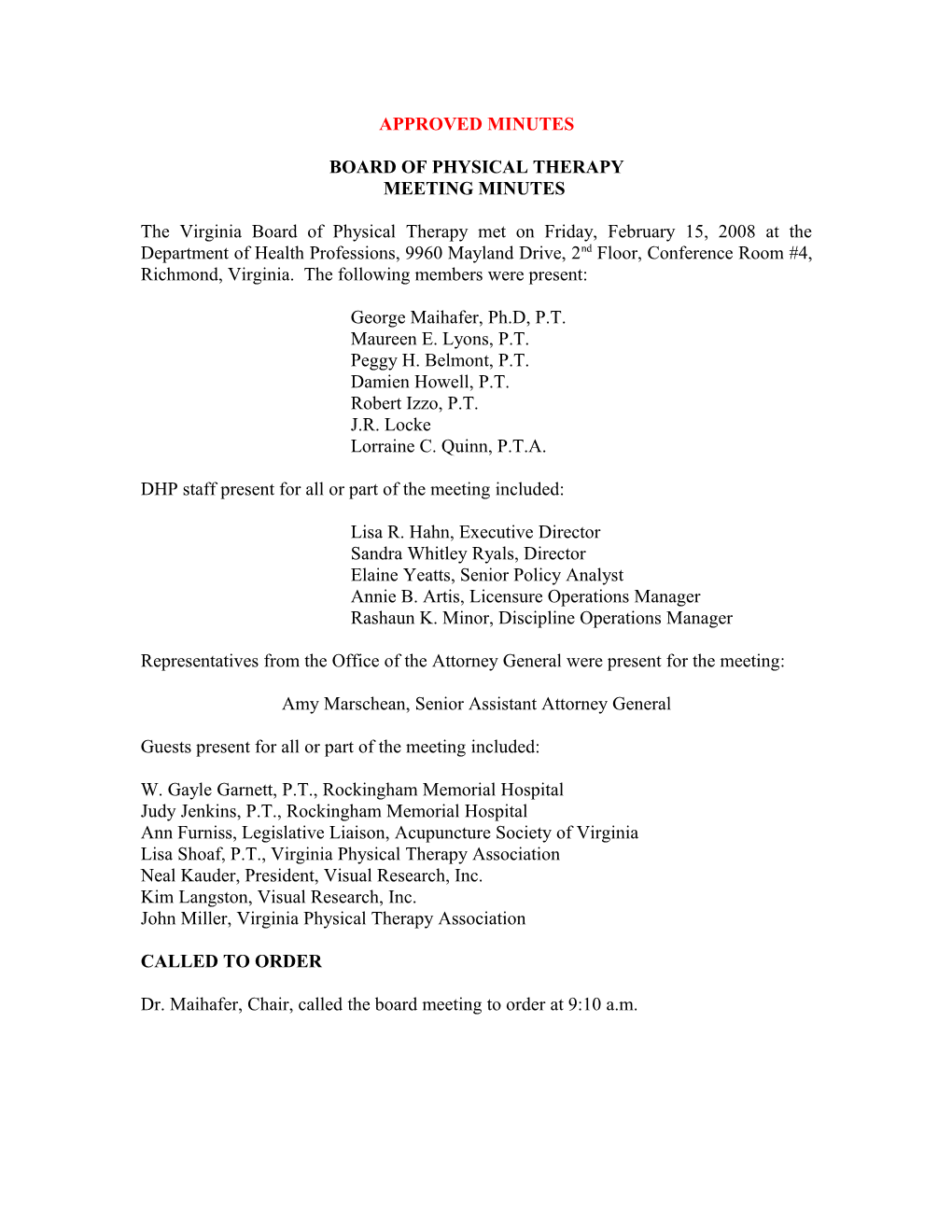 Board of Physical Therapy - Board Meeting Minutes - 2/15/2008