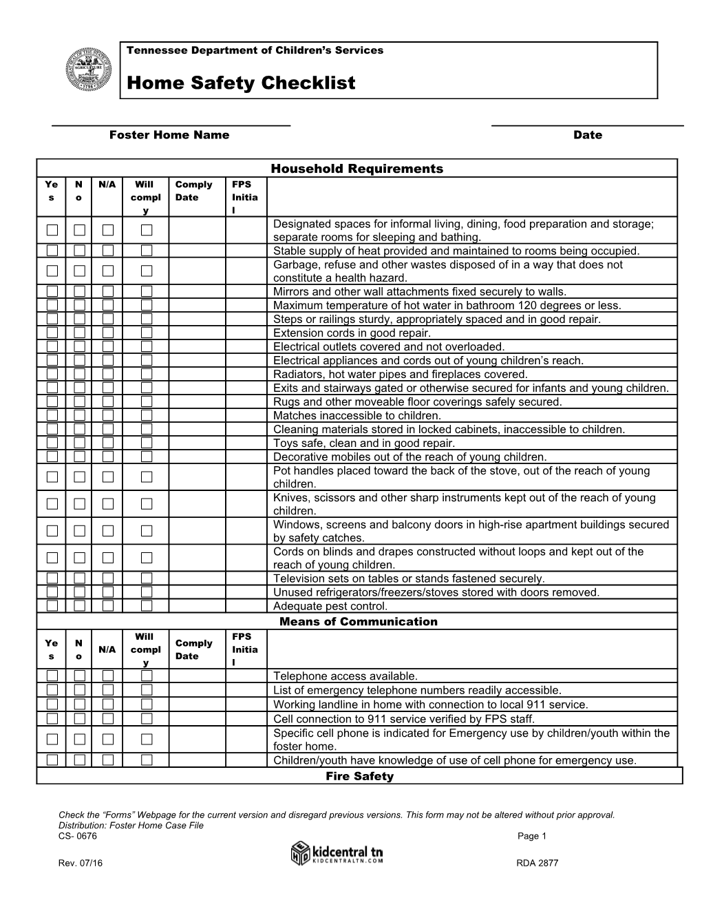 Tennessee Department of Children S Services Home Safety Checklist