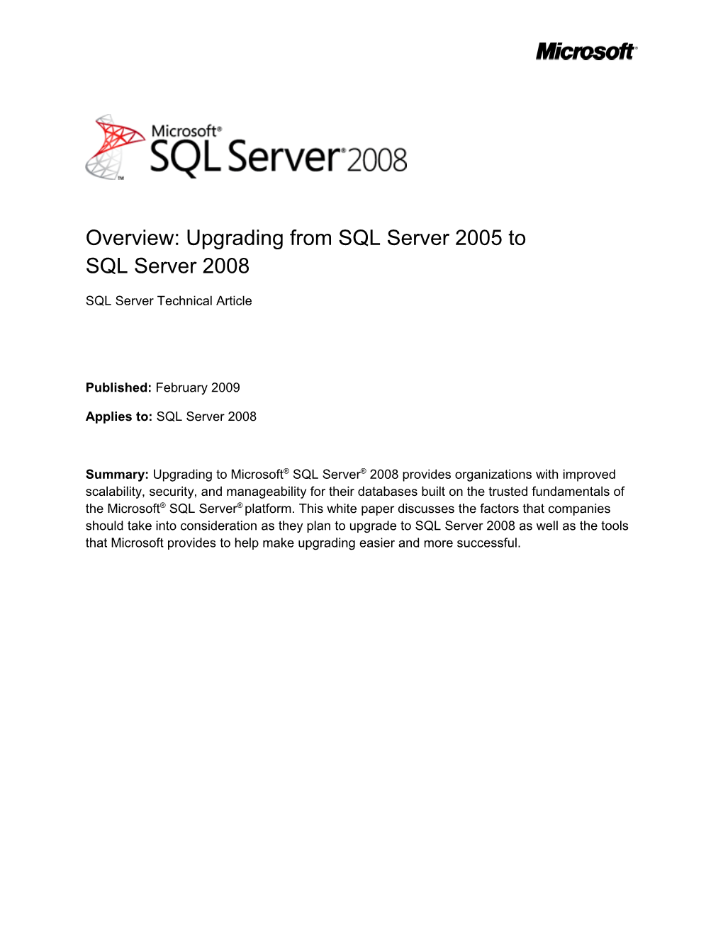 Overview: Upgrading from SQL Server 2005 to SQL Server 2008