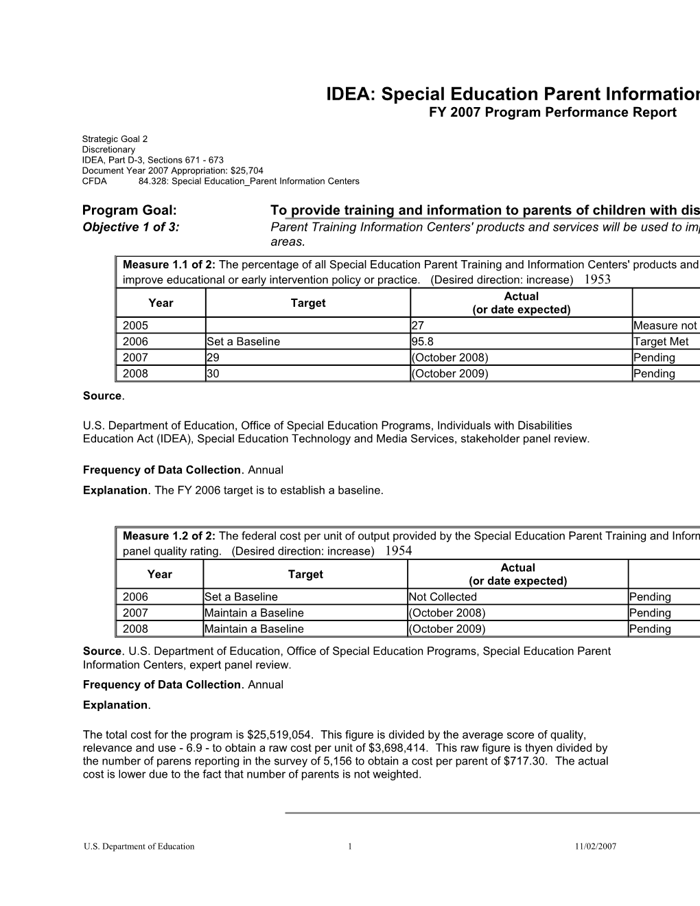 Special Education Parent Information Centers FY 2007 Program Performance Report (MS Word)