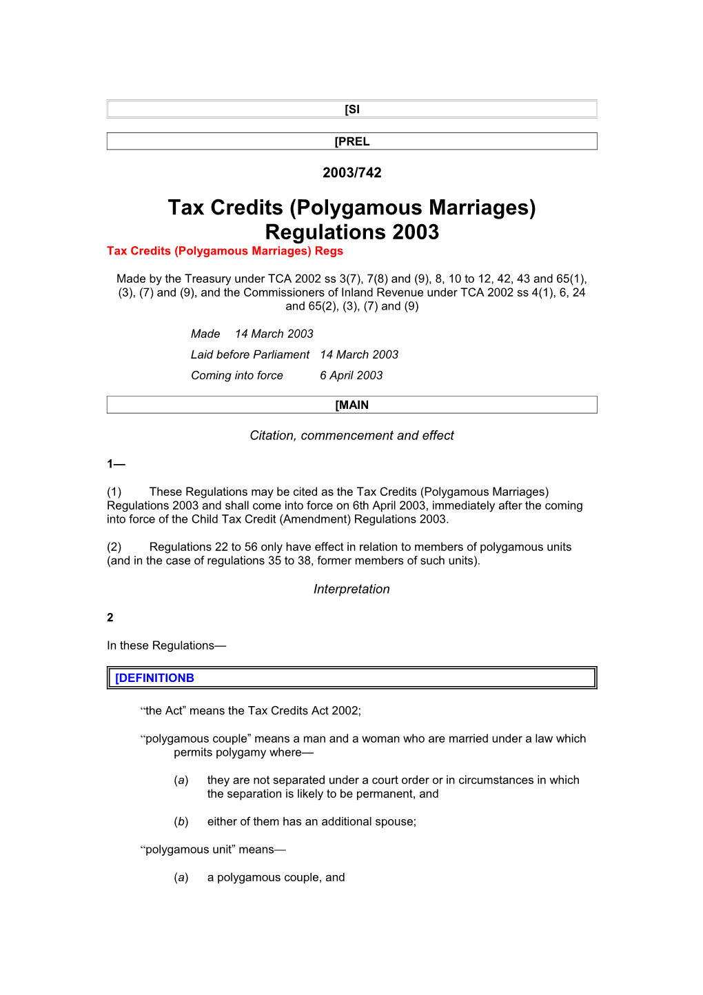 Tax Credits (Polygamous Marriages) Regulations 2003
