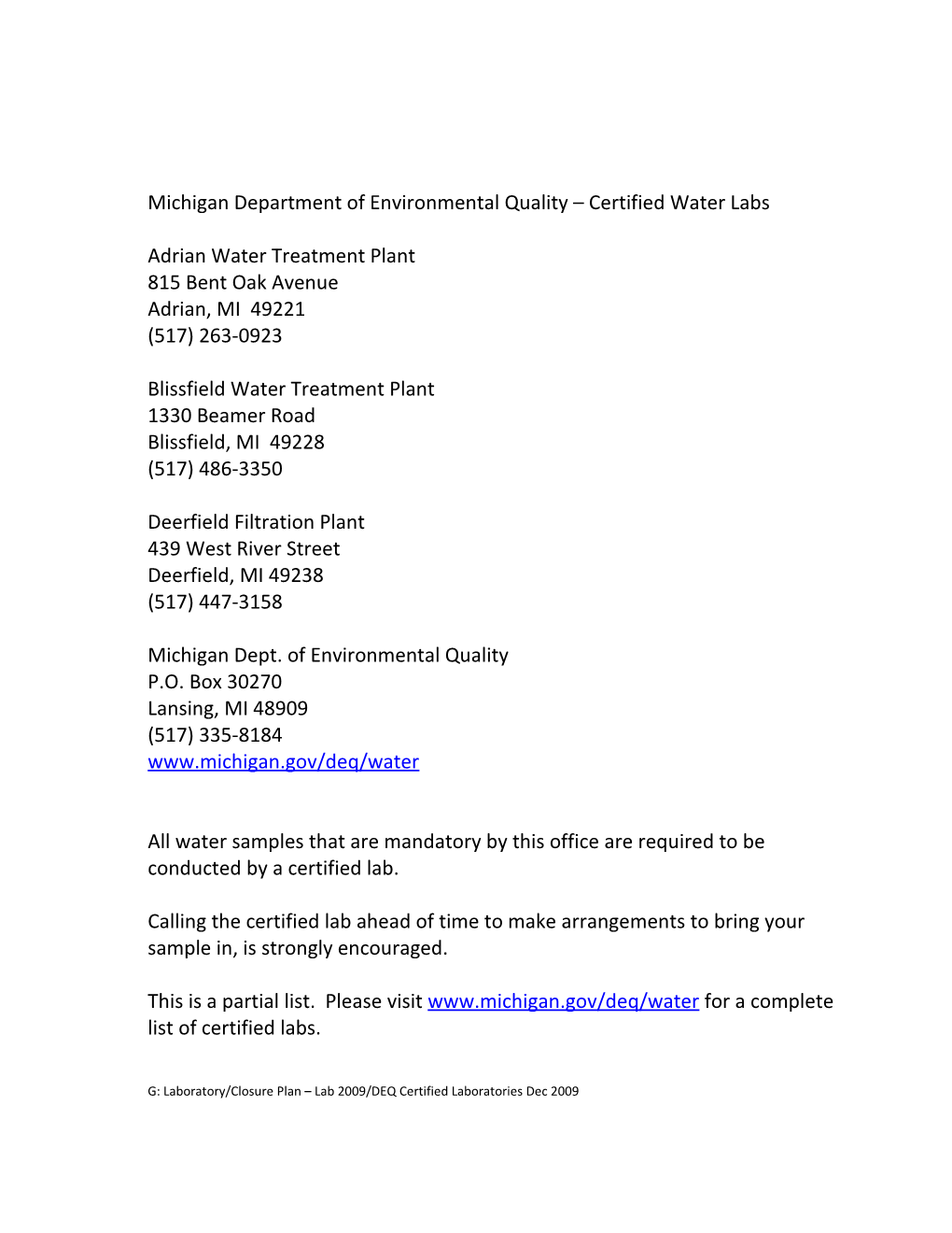 Michigan Department of Environmental Quality Certified Water Labs