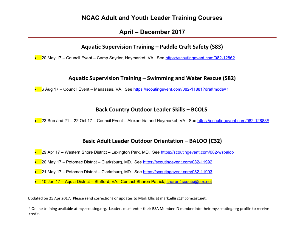 Adult and Youth Leader Training Courses December 2011 February, 2012