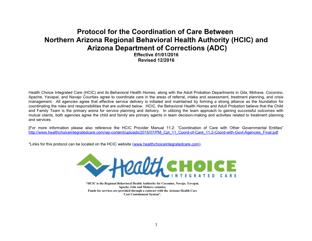 Protocol for Coordination of Care Between Northern Arizona Behavioral Health Authority