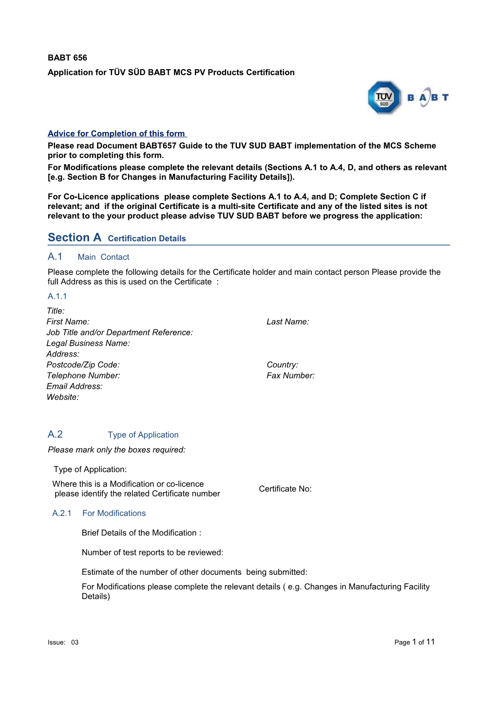 Application for TÜV SÜD BABT MCS PV Products Certification