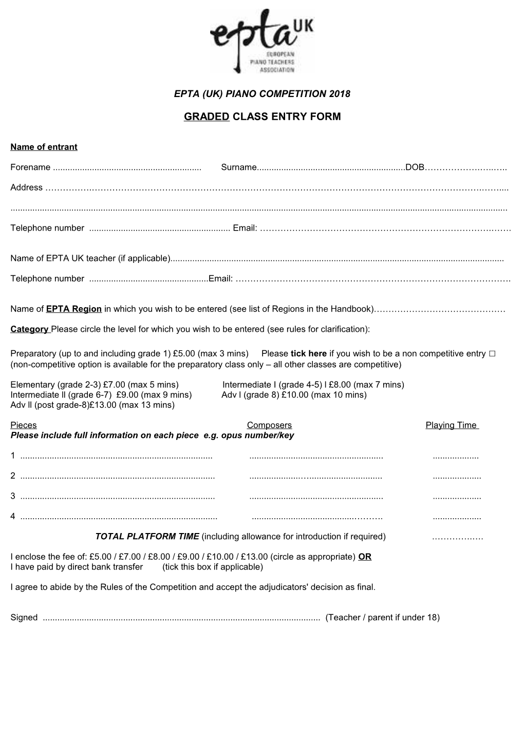 Graded Class Entry Form