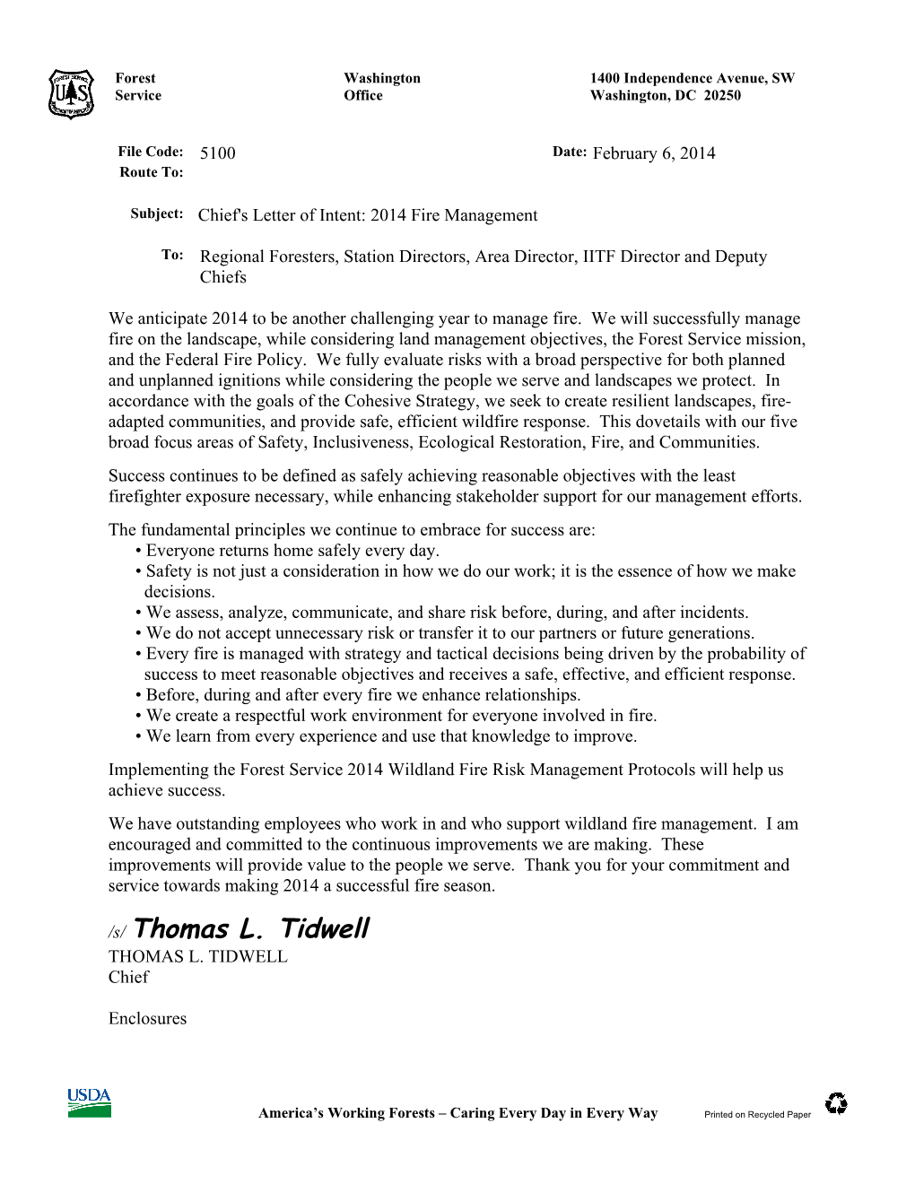 Chief's Letter of Intent: 2014 Fire Management