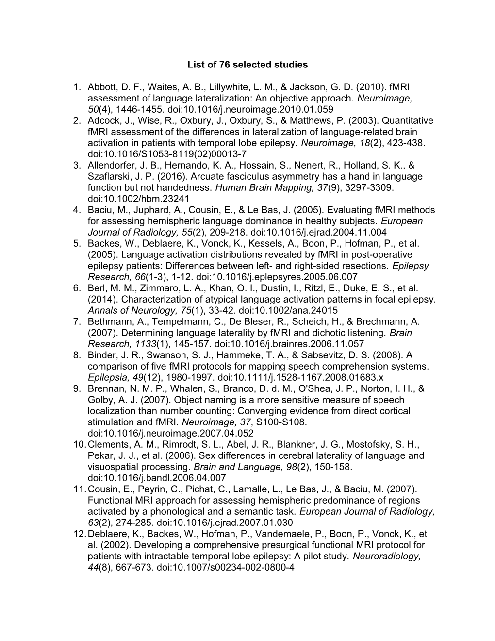 List of 76 Selected Studies