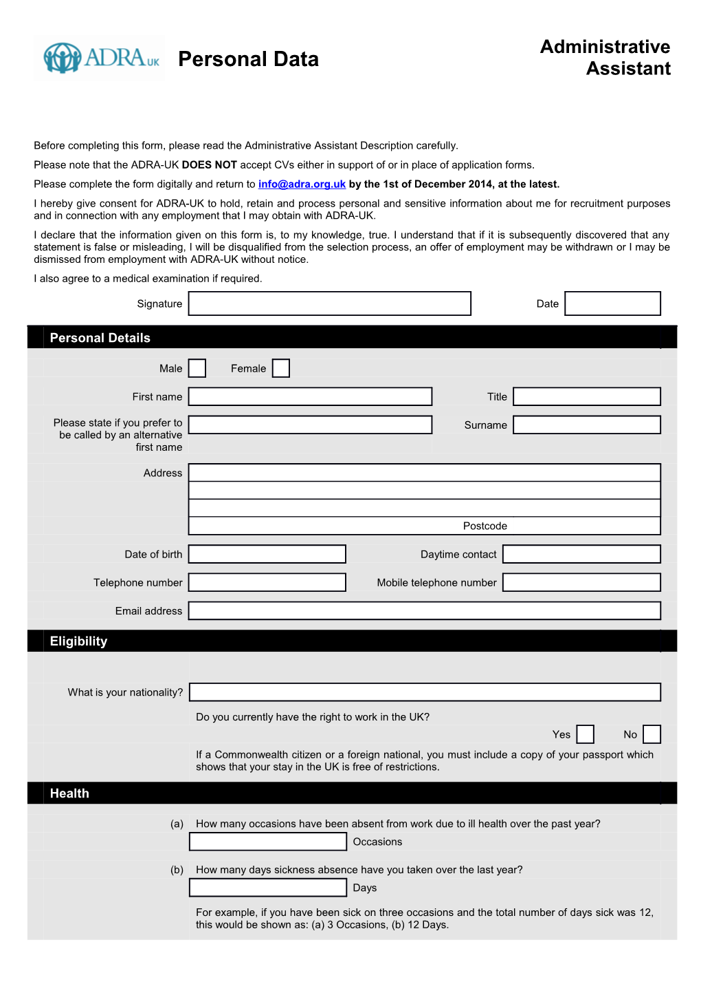Administrative Assistant 2014 Application Form