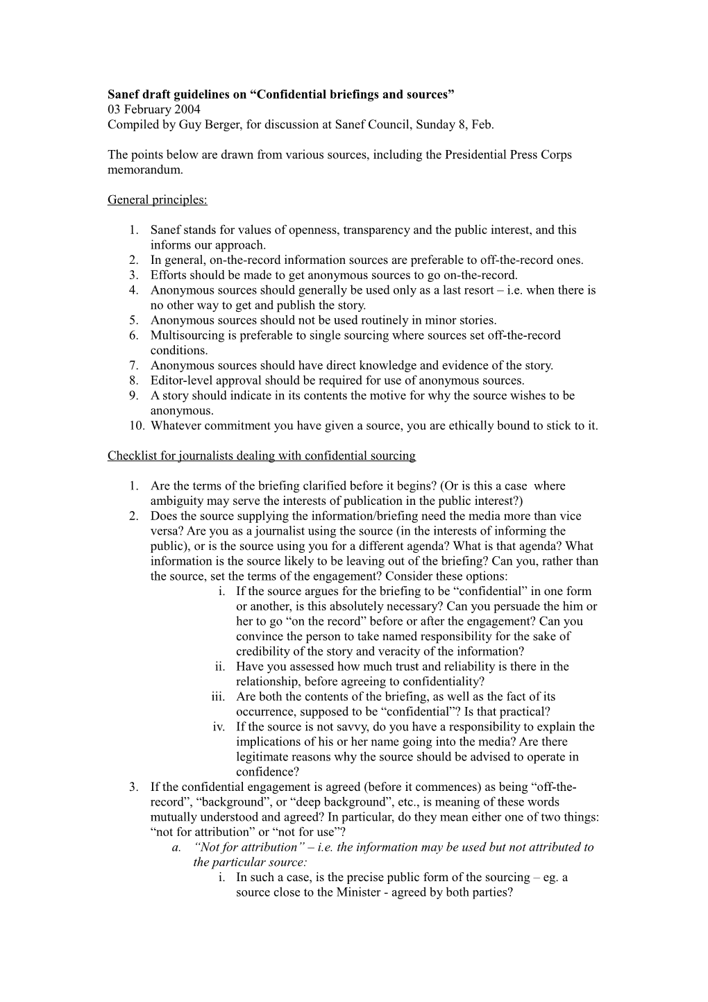 Sanef Draft Checklist on Confidential Briefings