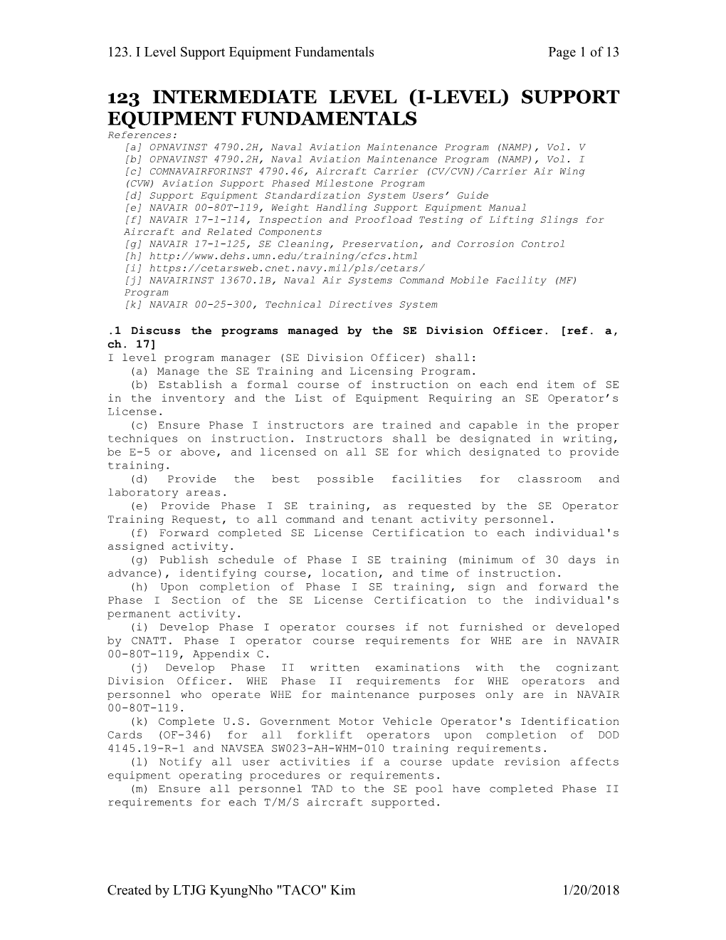 123 Intermediate Level (I-Level) Support Equipment Fundamentals