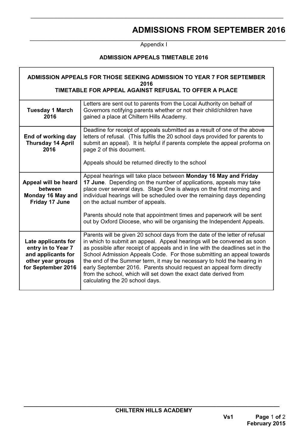 Admission Appeals Timetable 2016