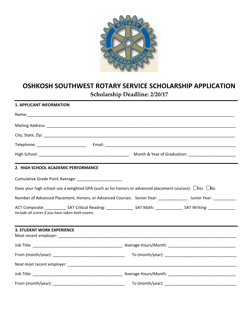 Oshkosh Southwest Rotary Service Scholarship Application