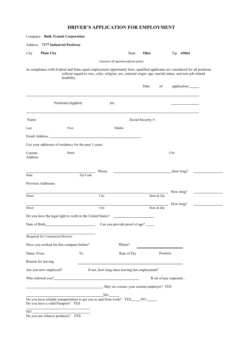 Driver S Application for Employment