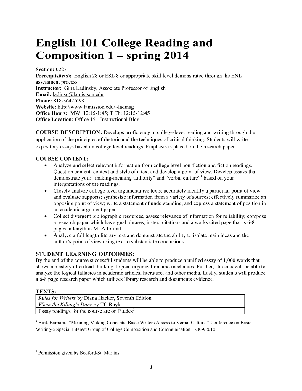 English 101 College Reading and Composition 1 Spring 2014