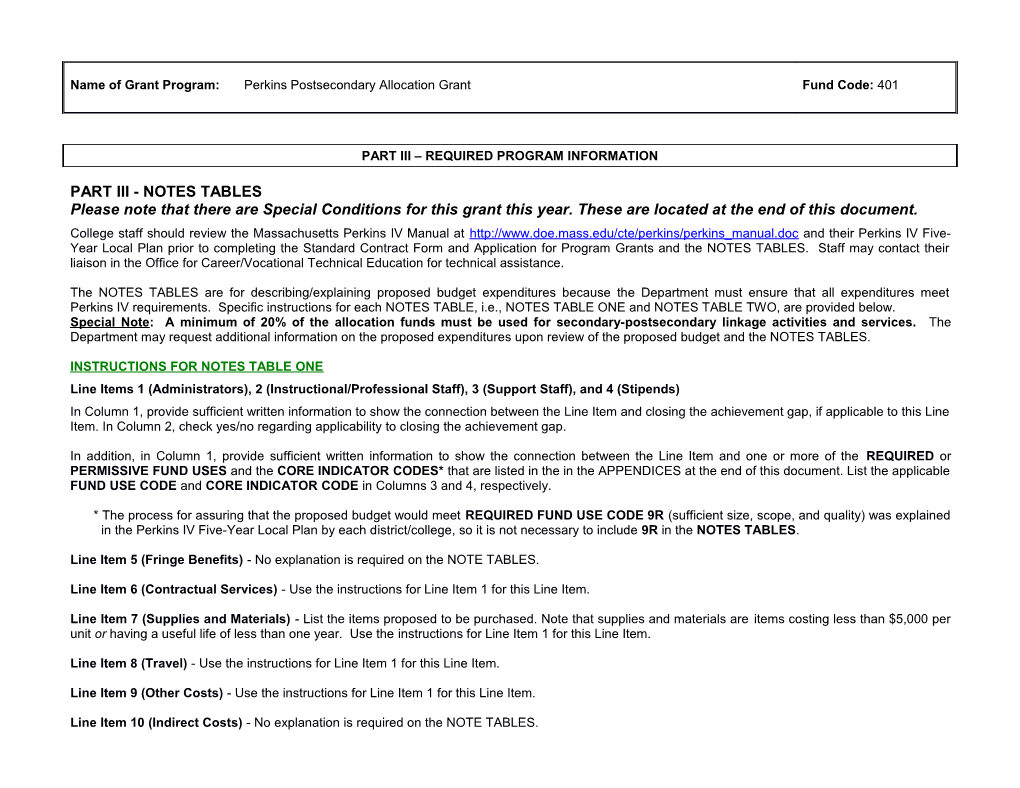 FY2018 Fund Code 401 Perkins Part III