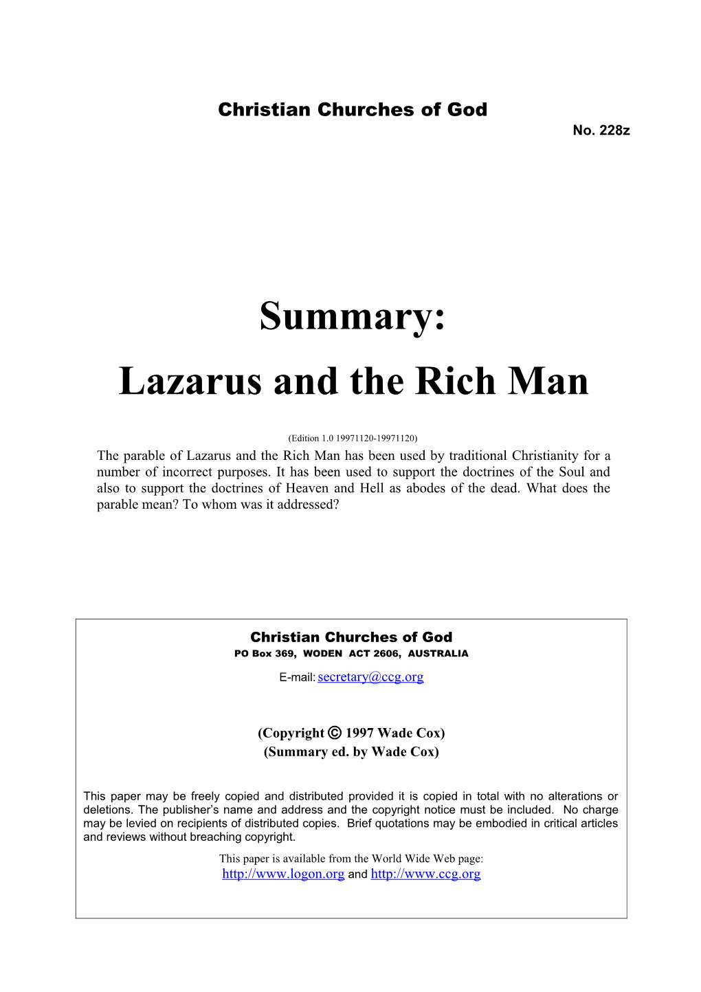 Summary: Lazarus and the Rich Man (No. 228Z)
