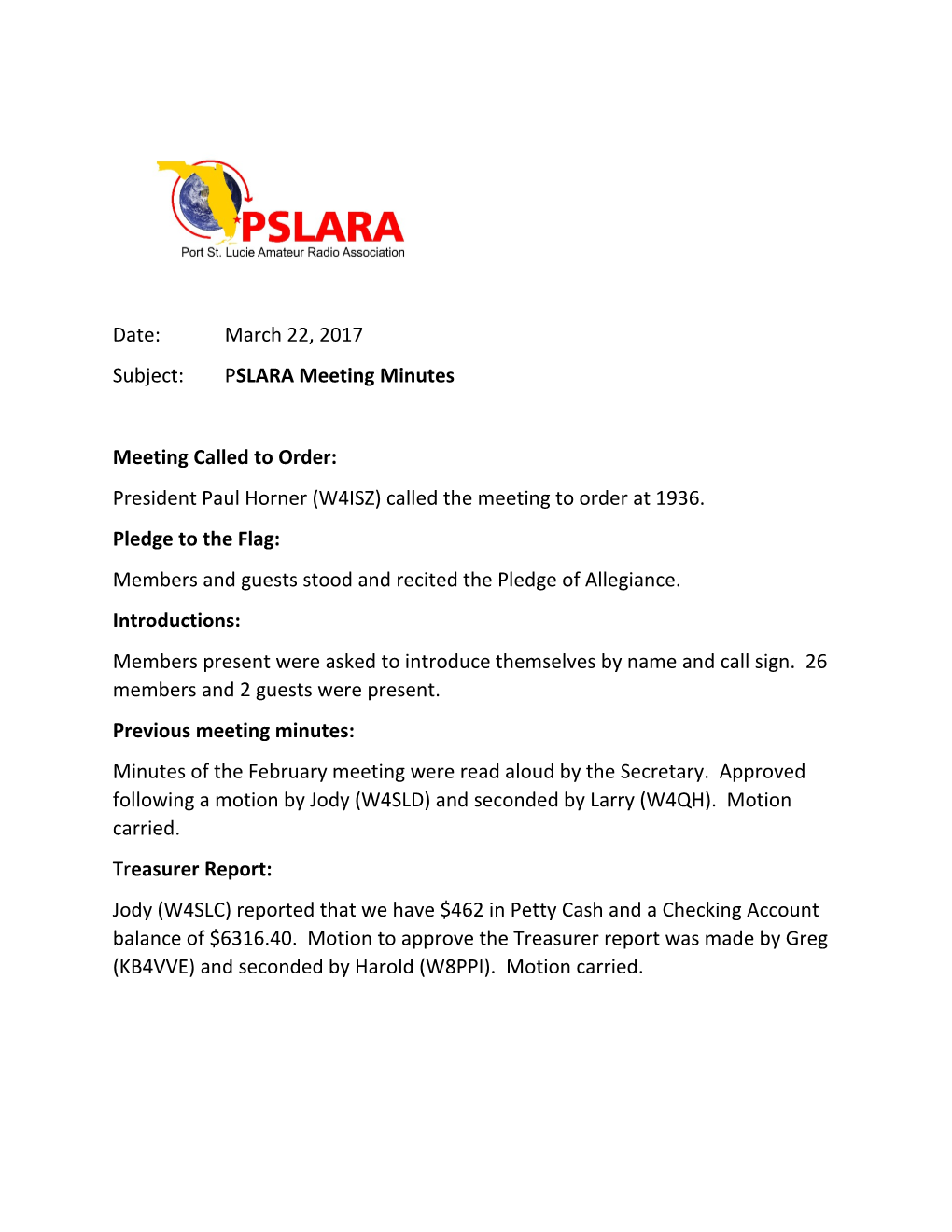Subject:P SLARA Meeting Minutes