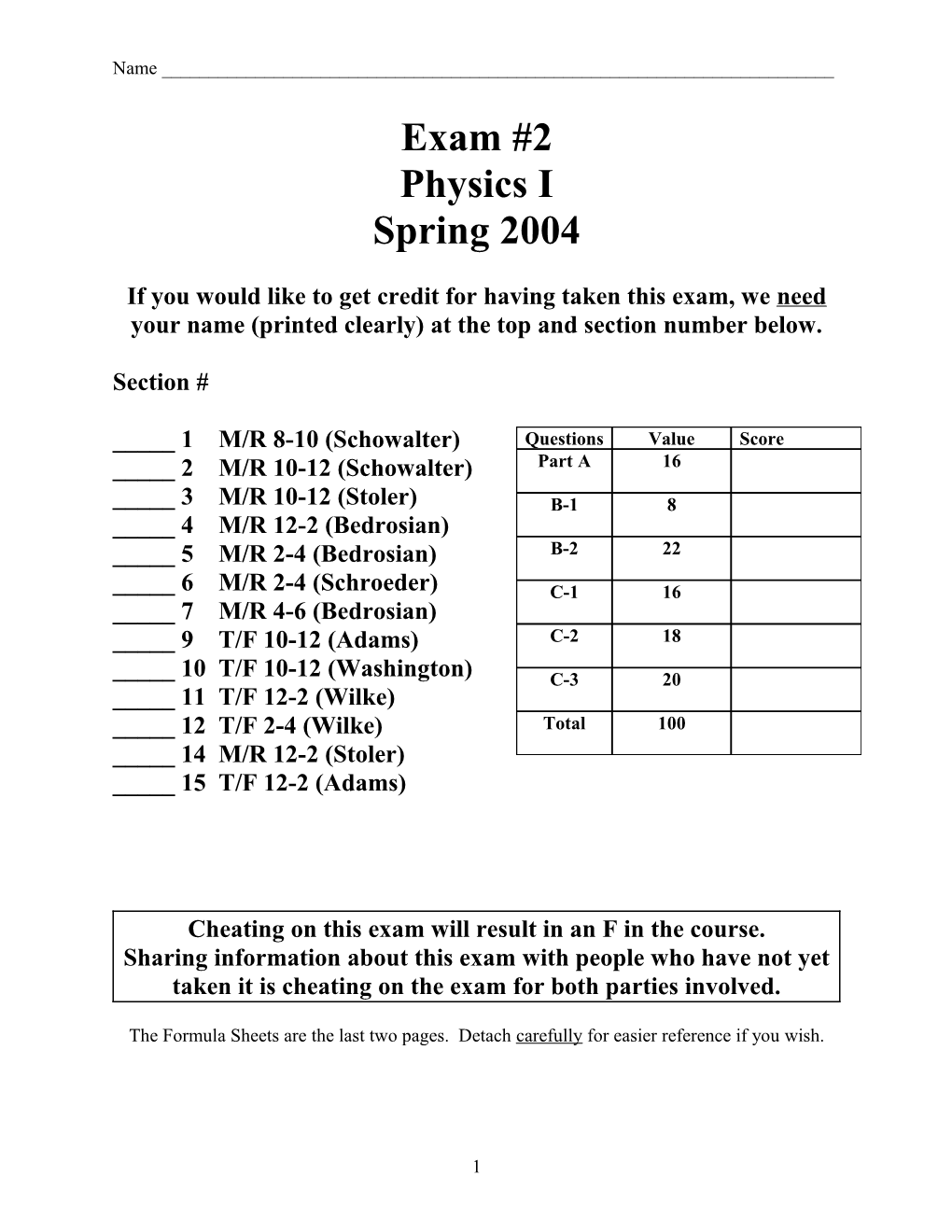 Physics I Exam 3 Spring 2003 s1