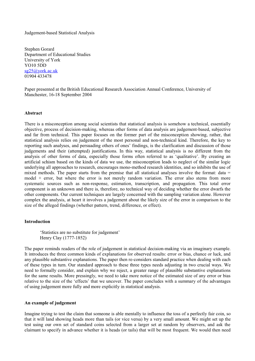 Judgement-Based Statistical Analysis