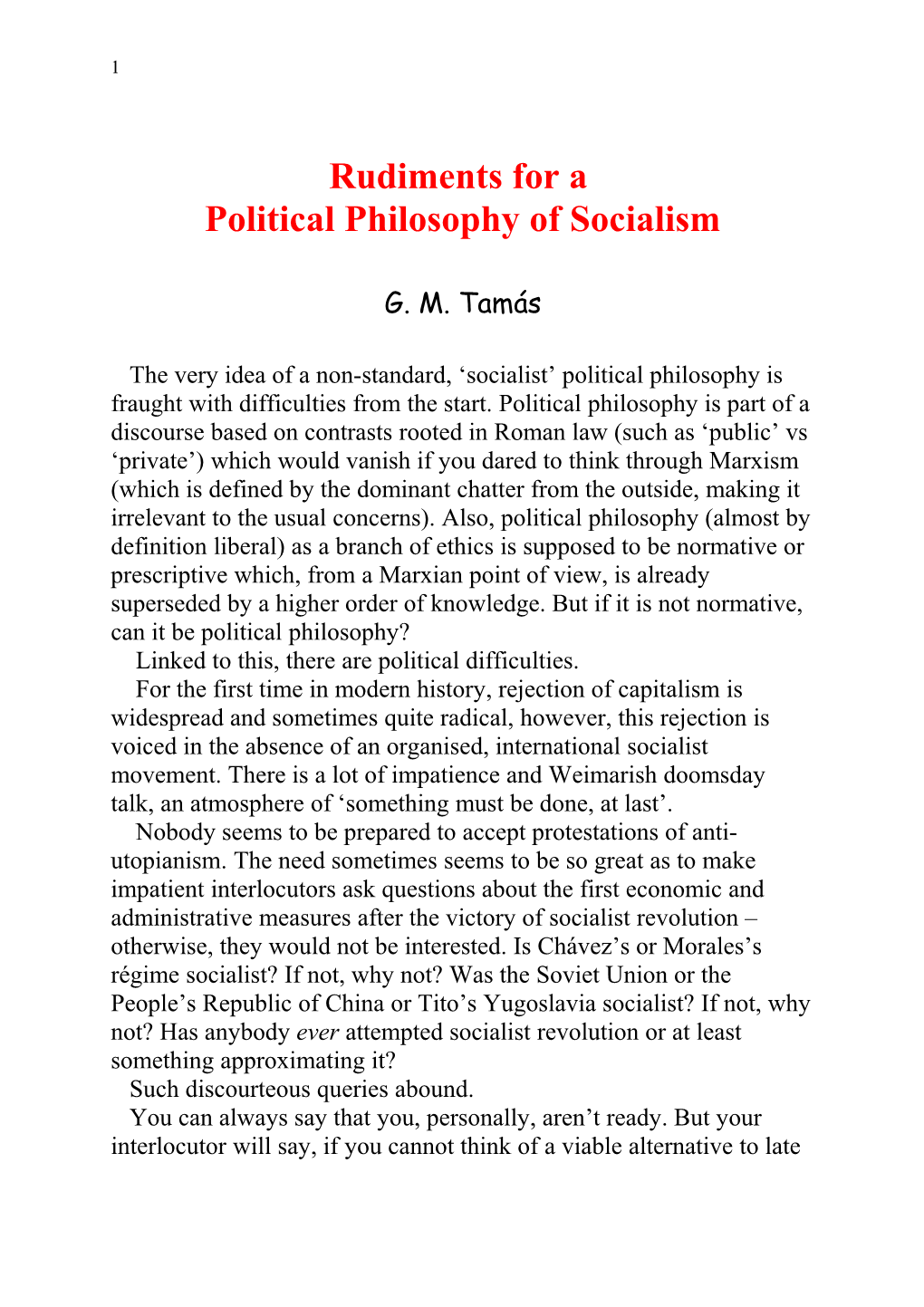 Rudiments for a Political Philosophy of Socialism