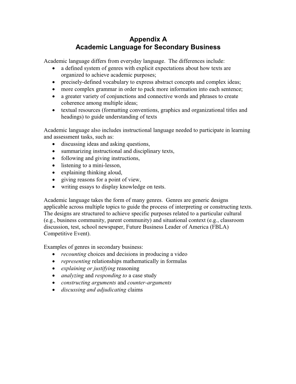 Academic Language for Secondary Business