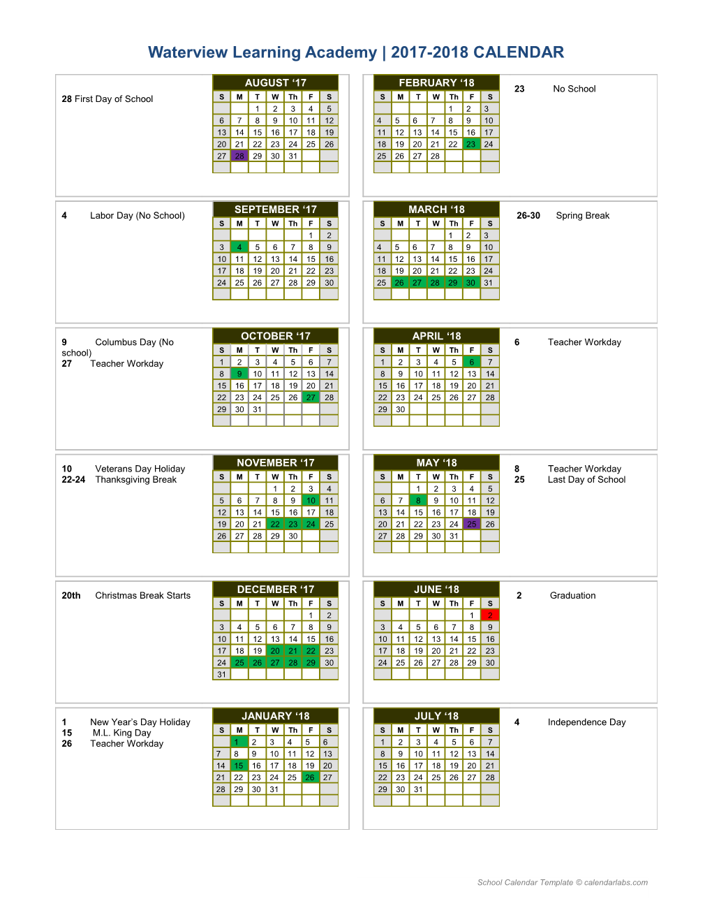 2017-18 Yearly School Calendar - Calendarlabs.Com s1