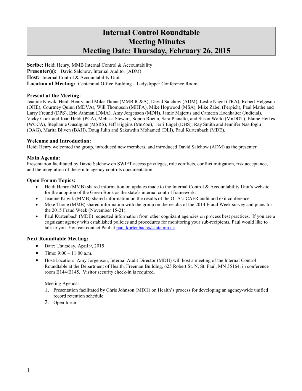 February 26, 2015 Internal Control Roundtable Meeting Minutes