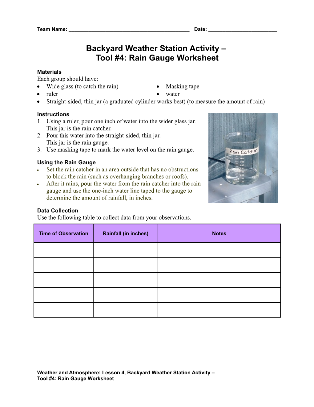 Backyard Weather Station Activity Tool #4: Rain Gauge Worksheet