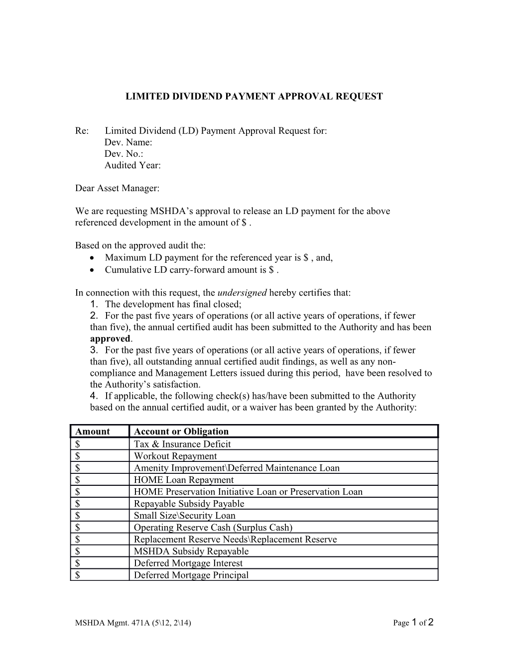 Limited Dividend Payment Approval Request