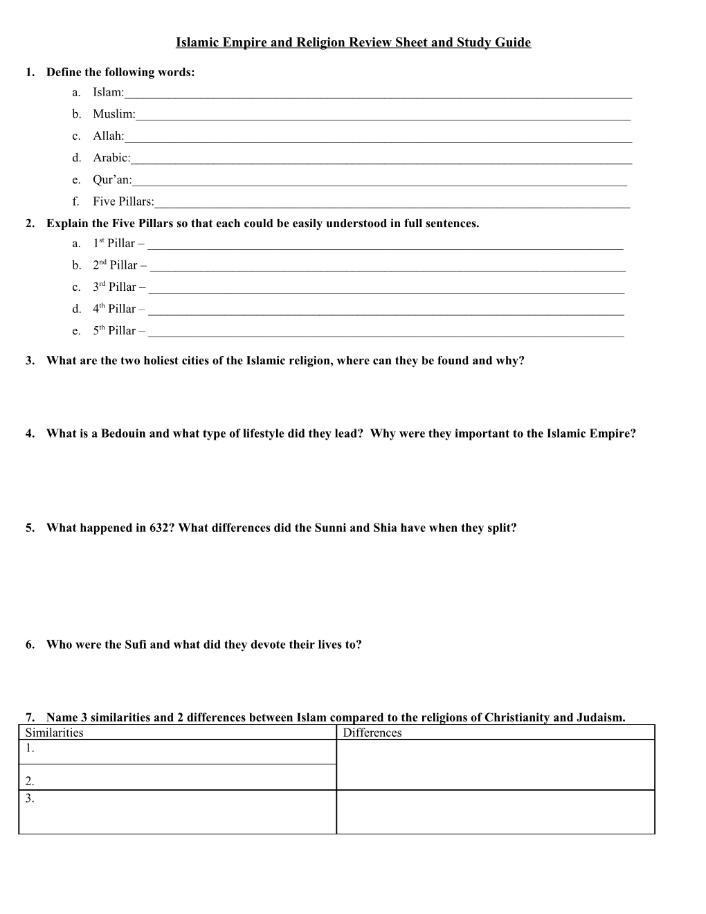 Islamic Empire and Religion Review Sheet and Study Guide