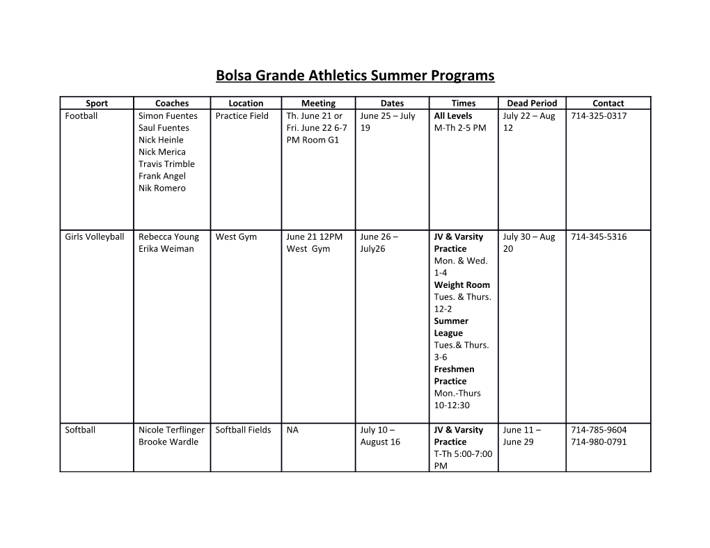 Bolsa Grande Athletics Summer Programs