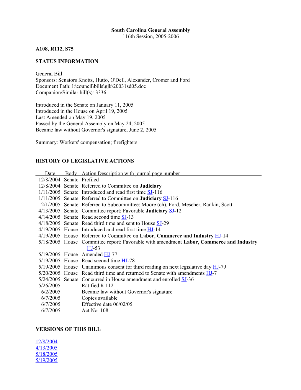 2005-2006 Bill 75: Workers' Compensation; Firefighters - South Carolina Legislature Online