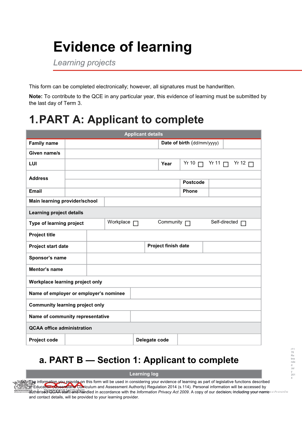 Learning Project Evidence Form