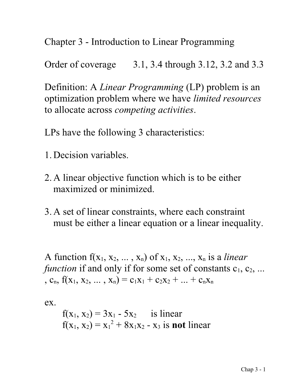 Chapter 3 - Introduction to Linear Programming