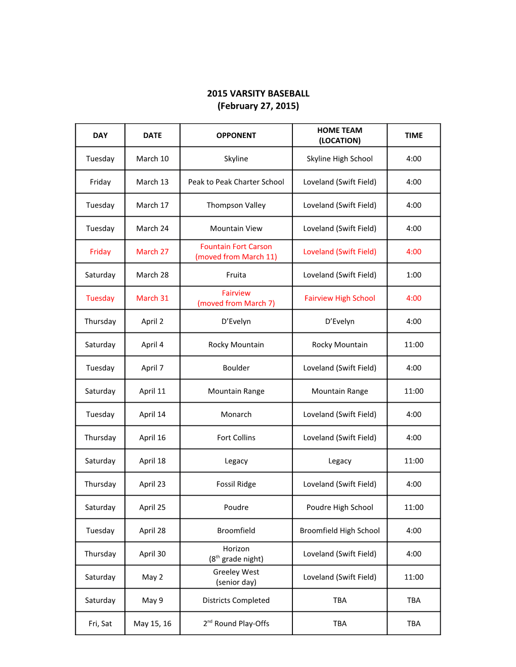 2015 Varsity Baseball