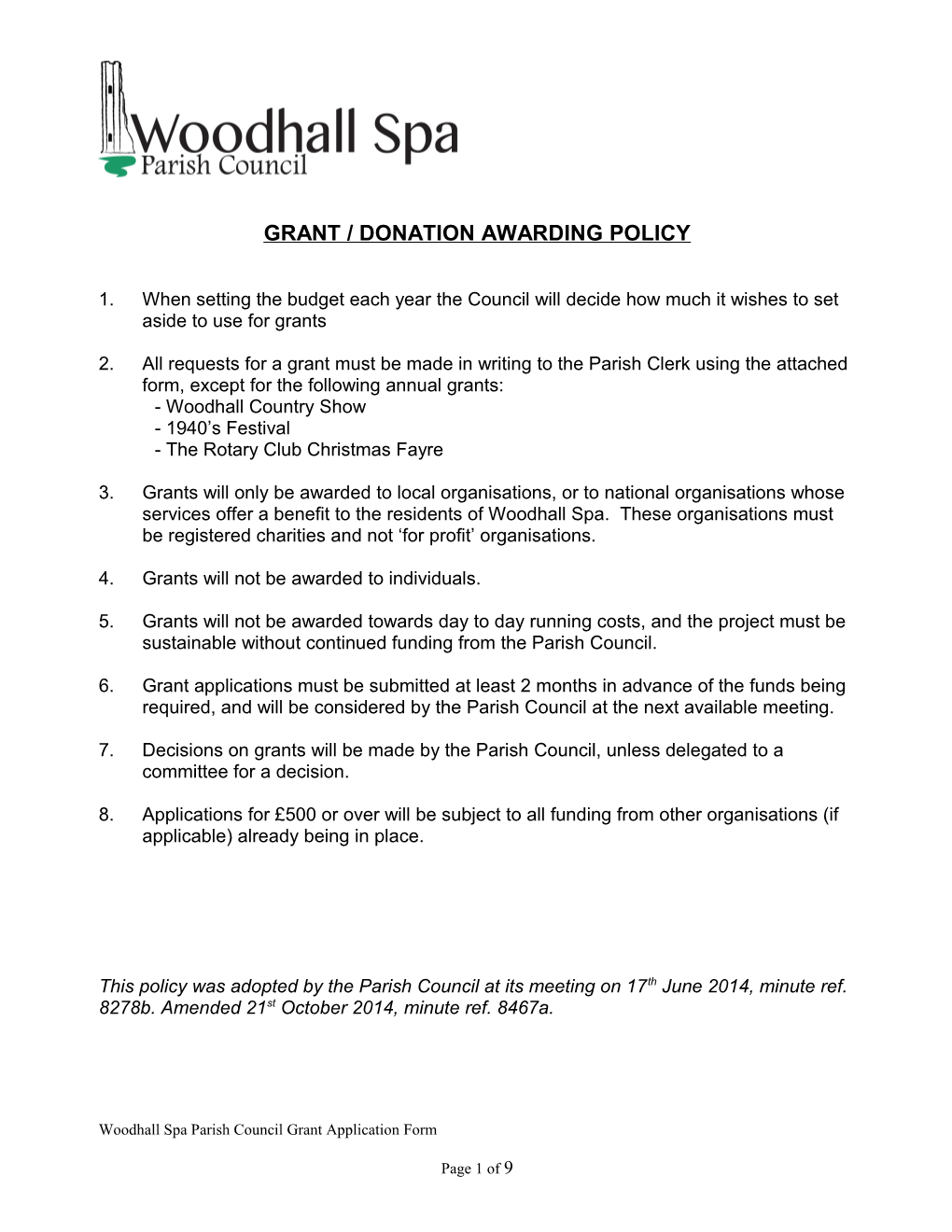 Woodhall Spa Parish Council Grant Application Procedures