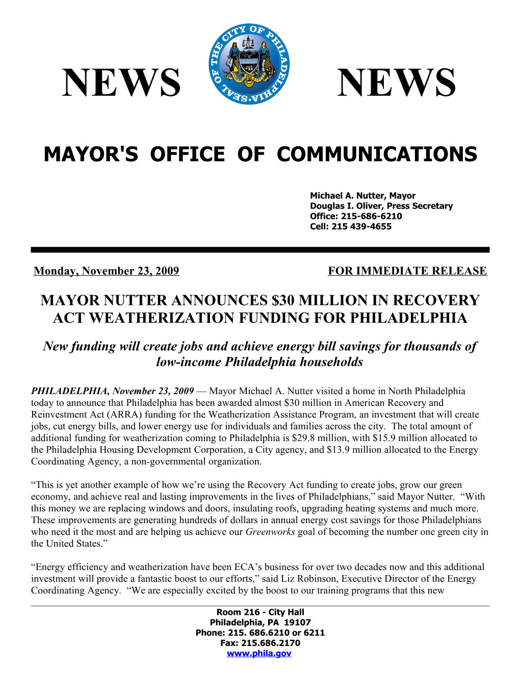 Mayor Nutter Announces $30 Million in Recovery Act Weatherization Funding for Philadelphia