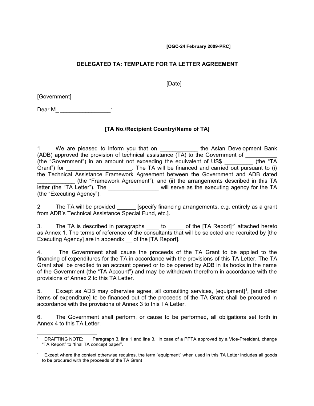 Delegated TA: Template for TA Letter Agreement (Non-Dmcs)