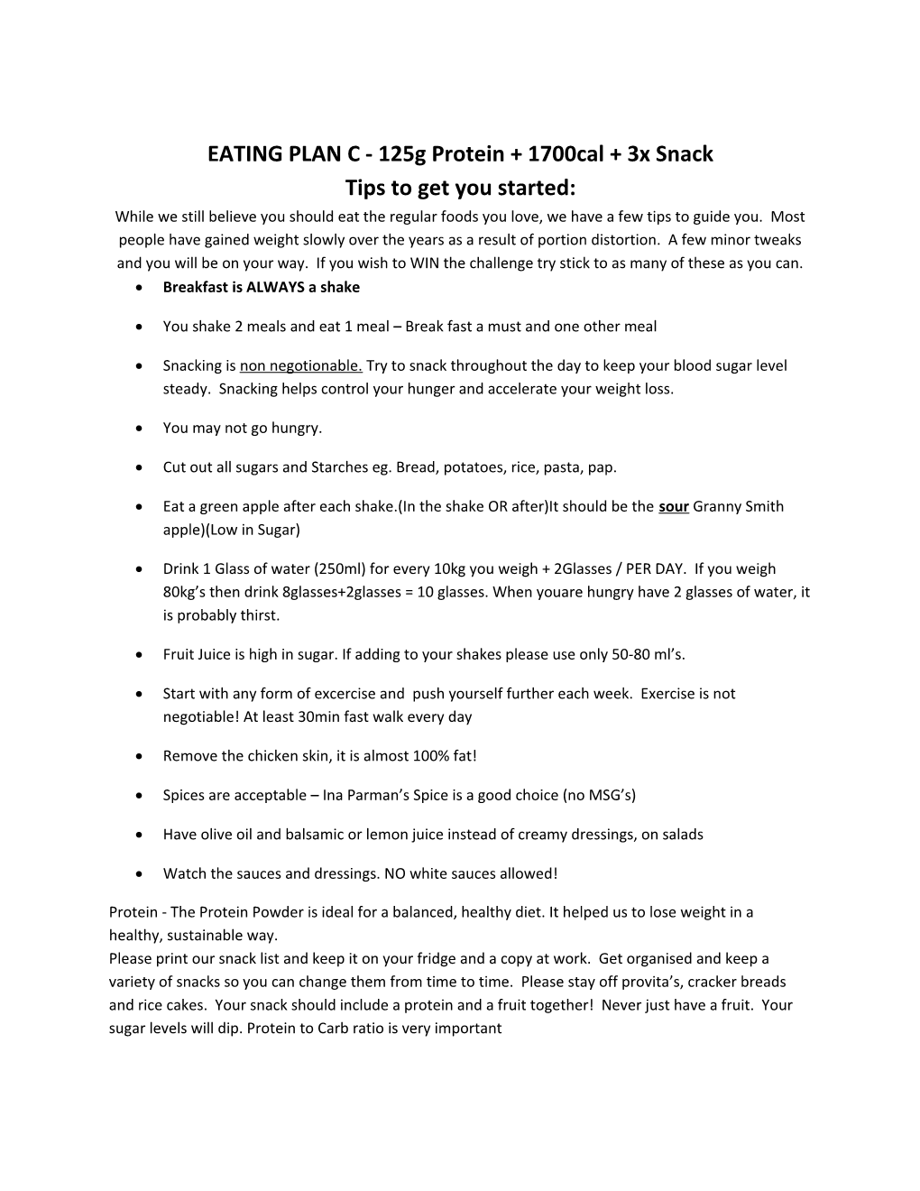 EATING PLAN C - 125G Protein + 1700Cal + 3X Snack
