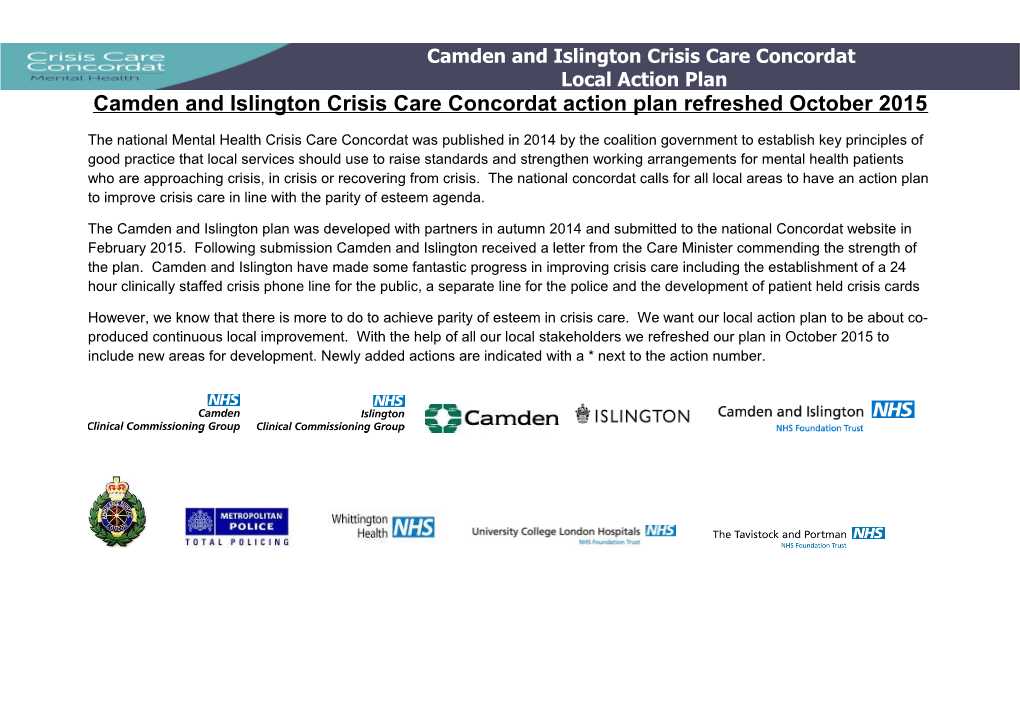 Camden and Islington Crisis Care Concordat Action Plan Refreshed October 2015