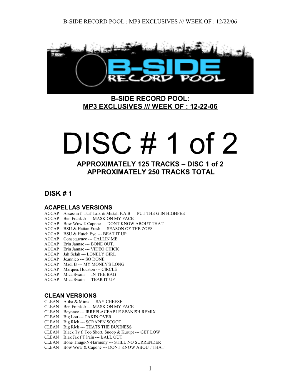 B-Side Record Pool : Mp3 Exclusives Week of : 12/22/06