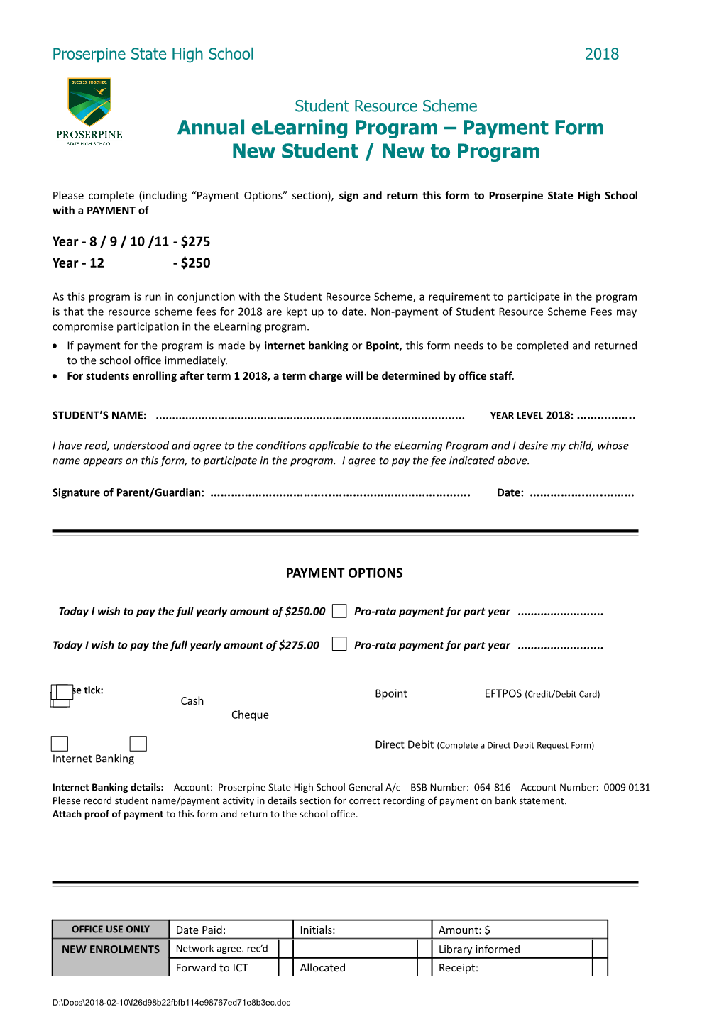 2018 New Student Elearning Payment Form