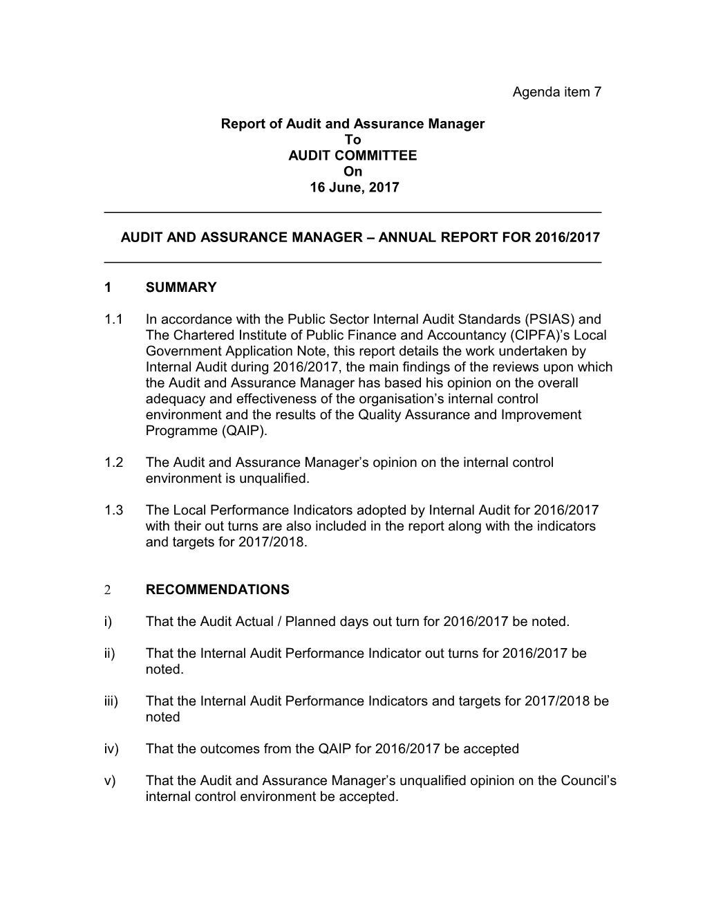 Report of Audit and Assurance Manager s1